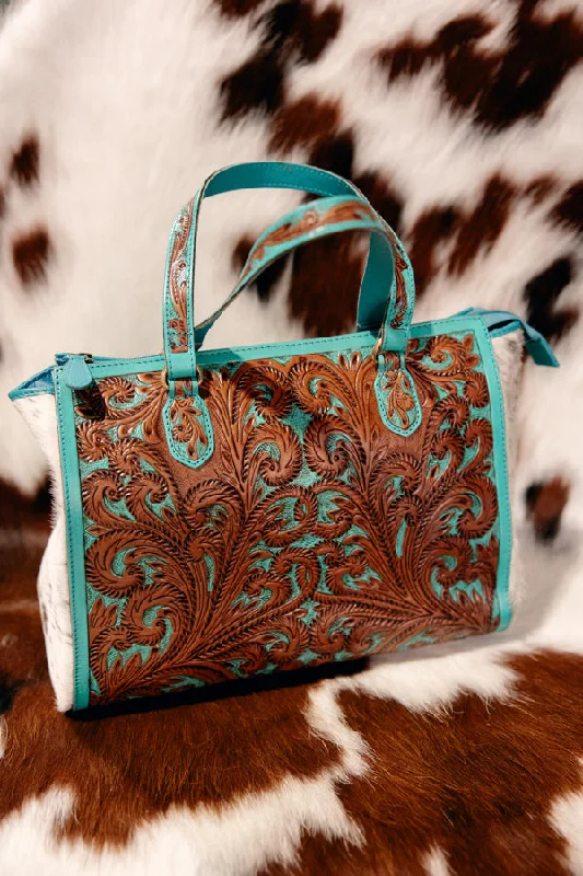 Woven Handle Bags for Artisan -Raquelle Tooled Leather & Cowhide Handbag