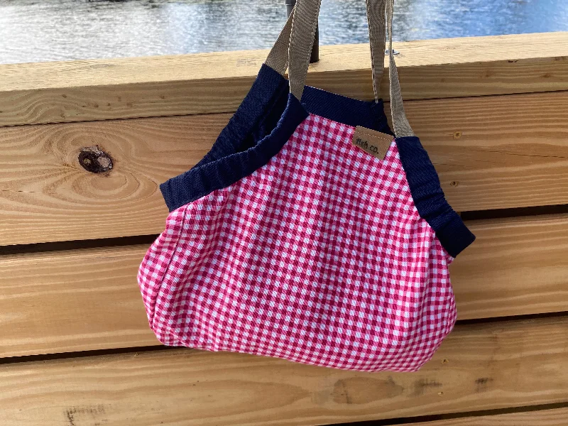 Soft and comfortable felt tote bags for cozy yet stylish everyday use -Mini Samaki - Red Gingham/Navy with Red Gingham Pockets with Khaki Strap