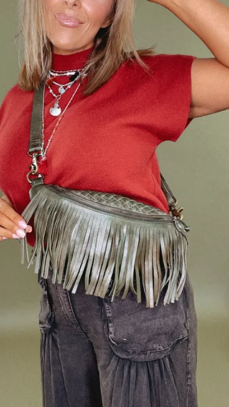 Leatherette Handle Bags for Imitation -Revival Fringe Fanny Pack, Boho Emerald