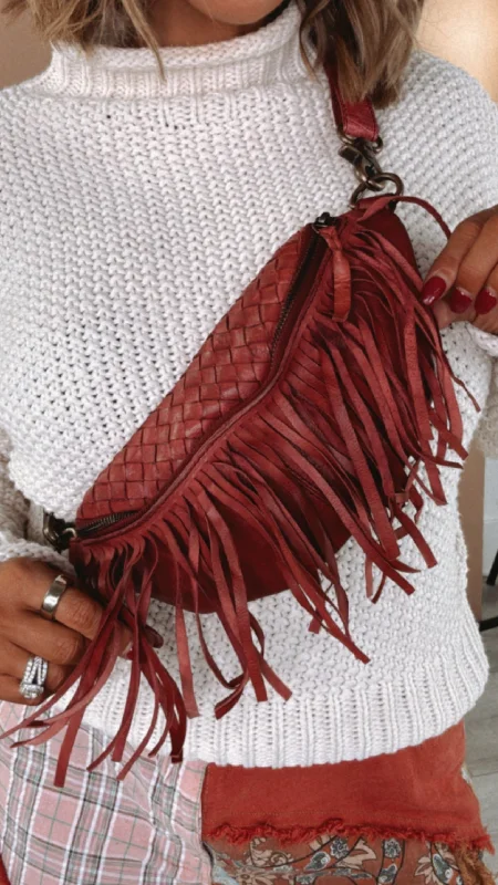 Embossed Handle Bags for Texture -Revival Fringe Fanny Pack, Boho Red