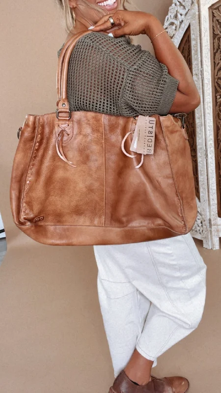 Linen Handle Bags for Summer -Rockaway Leather Tote, Tan Rustic