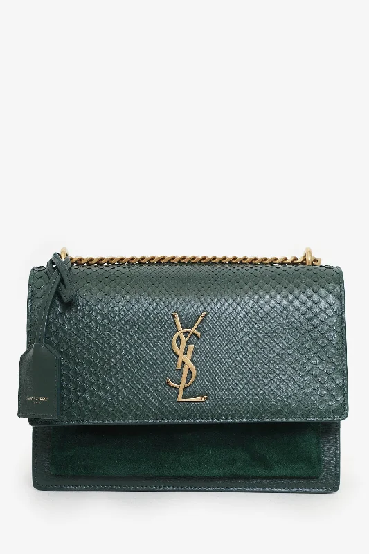 Travel-friendly tote bags with roomy interiors for quick trips and weekend getaways -Saint Laurent Green Python-Effect Embossed Medium Sunset Shoulder Bag