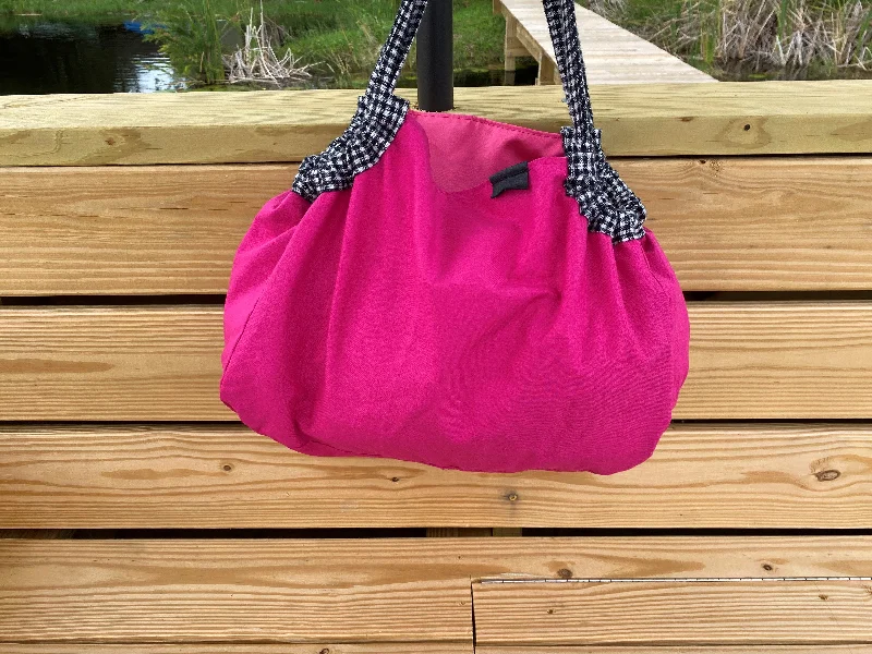 Spacious canvas tote bags for shopping, travel, or beach days -Samaki Bag - Hot Pink Hottie with Black and White Check accents