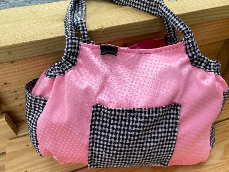 Sustainable jute tote bags with eco-conscious materials for a green and stylish choice -Samaki Bag - Pink Silk Polka Dot with Hot Pink Silk Inside and Pink and Black Check Accents