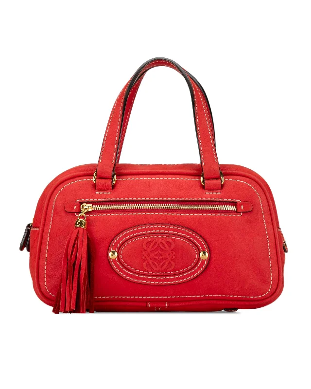 Debossed Handle Bags for Design -Leather Tassel Handbag with Zip Closure and Exterior Pocket