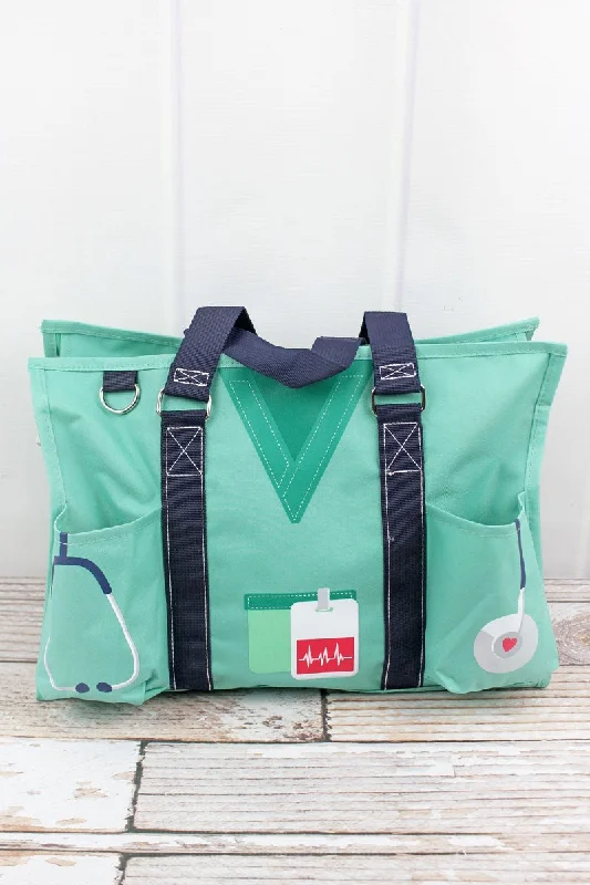 Functional Handle Bags for Daily -NGIL Scrub Life Mint Utility Tote with Navy Trim