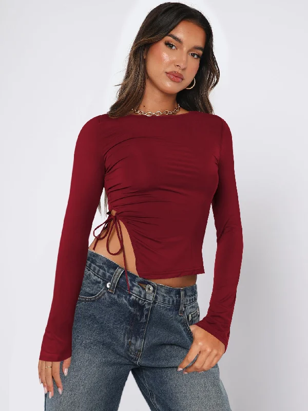 Recycled Handle Bags for Eco -Solid color straps irregular hem long sleeves top