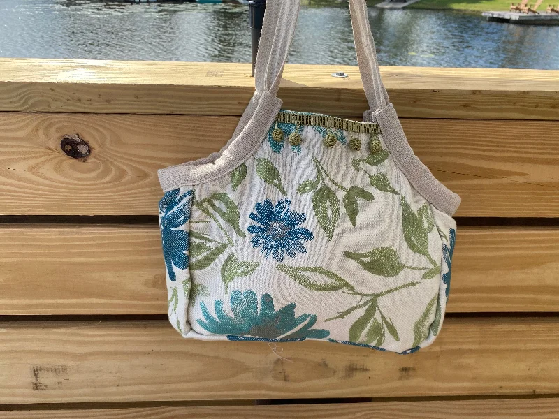 Fold-over tote bags with stylish flaps for a more fashionable and functional look -Mini Samaki- Spun Canvas with Blue and Green Flower Print and Silver and Green Silk and Beaded Trim