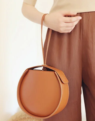 Fabric Bow Handle Bags -Stylish LEATHER WOMENs Circle Handbags Purse Round SHOULDER Purse for Women