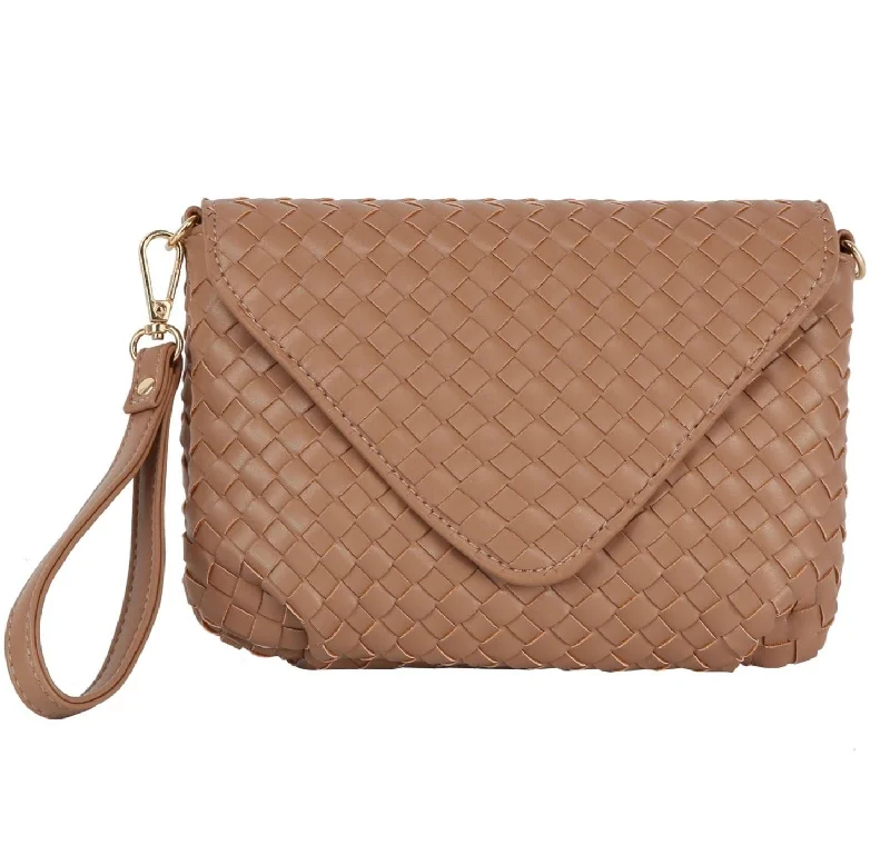 Leatherette Handle Bags for Imitation -TDE0065 Lynn Three Compartment Woven Clutch/Crossbody