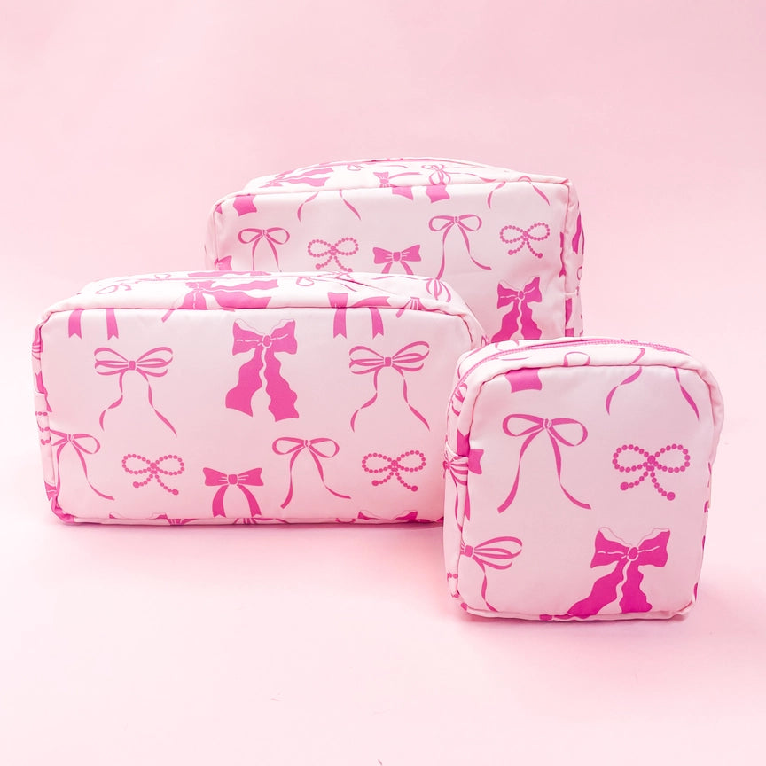 Lightweight and foldable tote bags with cute prints for packing and portability -The Pink Bow Cosmetic Pouches- 2 sizes