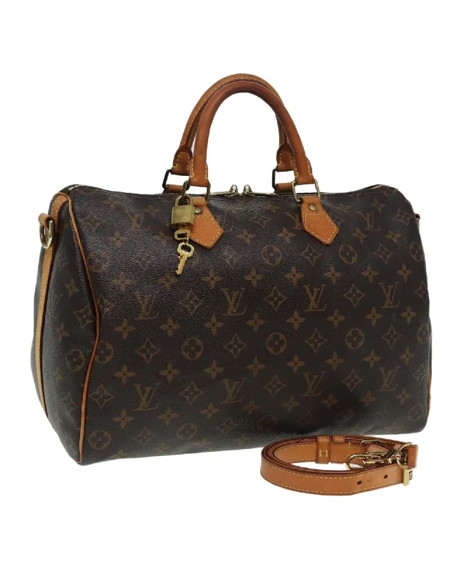 Multi-functional tote bags with detachable straps for both shoulder and hand carry -Monogram Canvas Speedy Bandouliere Hand Bag with Padlock and Shoulder Strap