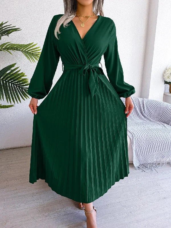 Machine-Made Handle Bags for Speed -V-neck large swing pleated long dress