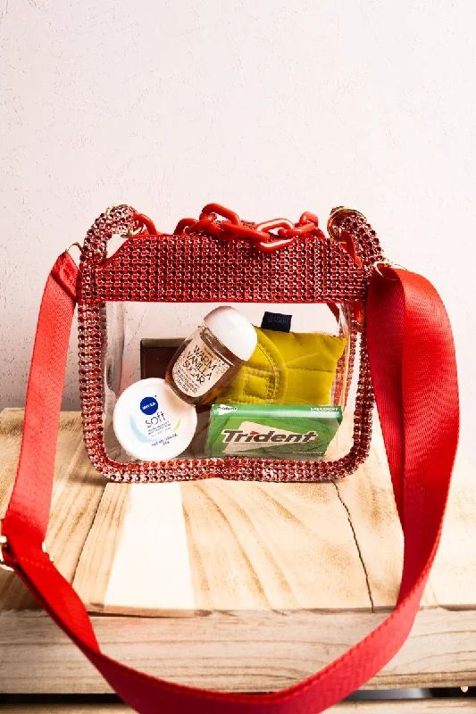 Sustainable Handle Bags for Green -Viola Sparkle Clear Crossbody with Red Multi-Faceted Stud Trim