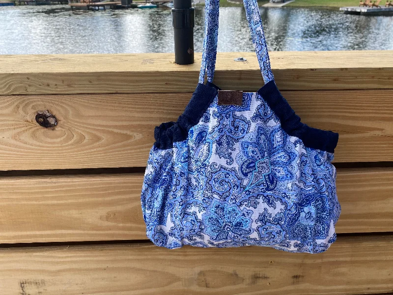 Simple black leather tote bags with sleek, polished finishes for work or travel -Mini Samaki - White and Blue Paisley/Navy with White Accent Knotted Design