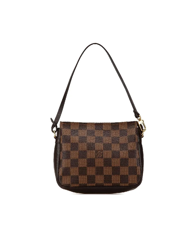 Leather Tassel Handle Bags -Damier Ebene Canvas Trousse Pochette with Leather Strap and Zip Closure