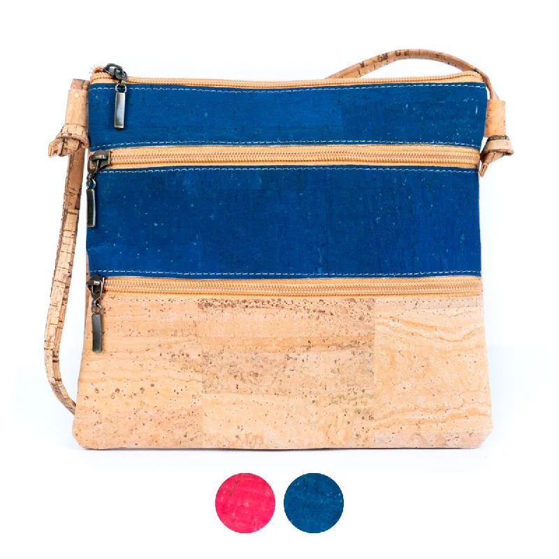 Compact vegan crossbody bags for cruelty-free fashion fans -Solid Color Block Triple Zip Women's Cork Crossbody Bag BAGP-237A