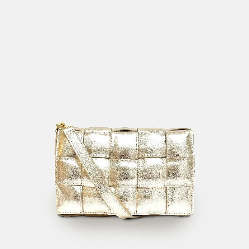 Soft velvet crossbody bags offering cozy winter elegance -Gold Padded Woven Leather Crossbody Bag