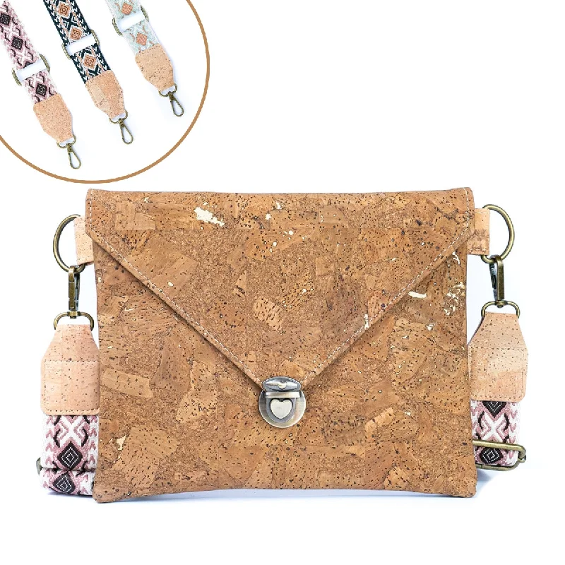 Waterproof polyester crossbody bags ideal for rainy days -Tobacco-Colored Cork Crossbody Bag with Detachable Wide Strap and Heart-Shaped Snap Closure BAGP-281