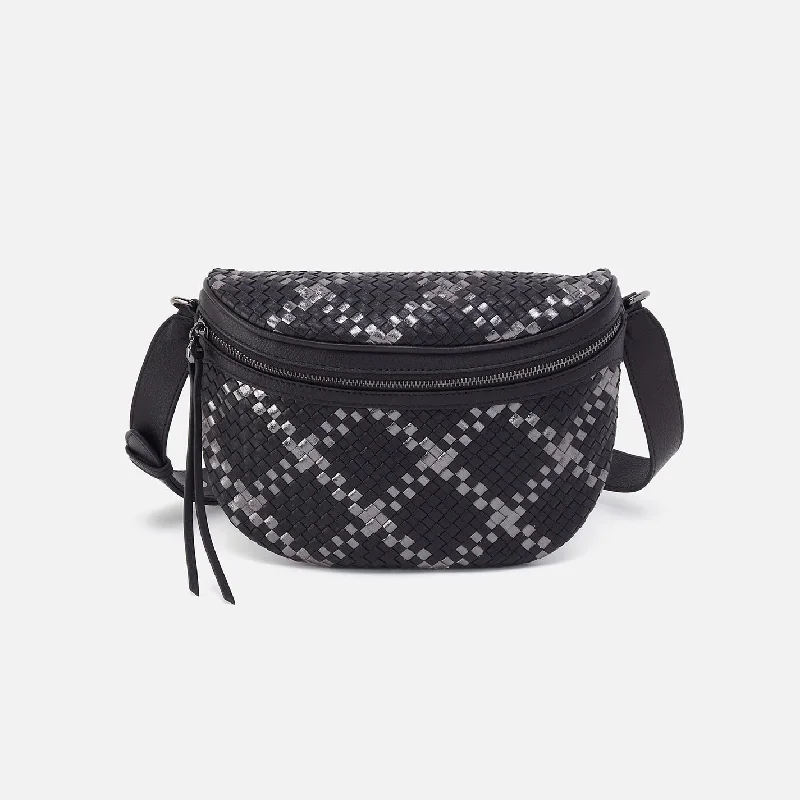 Colorful denim crossbody bags adding playful casual flair -Juno Belt Bag In Woven Leather - Black Metallic Woven