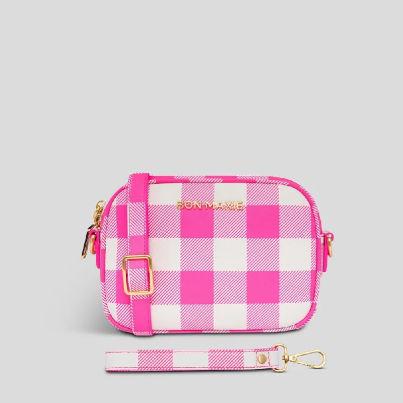 Compact vegan crossbody bags for cruelty-free fashion fans -Mini Sidekick Wallet Crossbody Bag -- Neon Pink Gingham