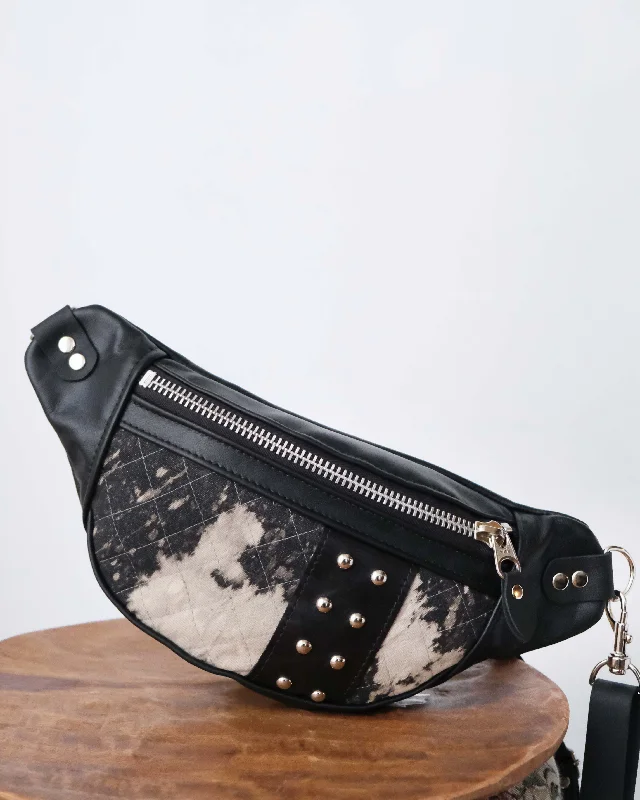 Hand-painted leather crossbody bags showcasing artistic flair -Mini Tabitha: Black Leather, Silver & Bleached Denim VI