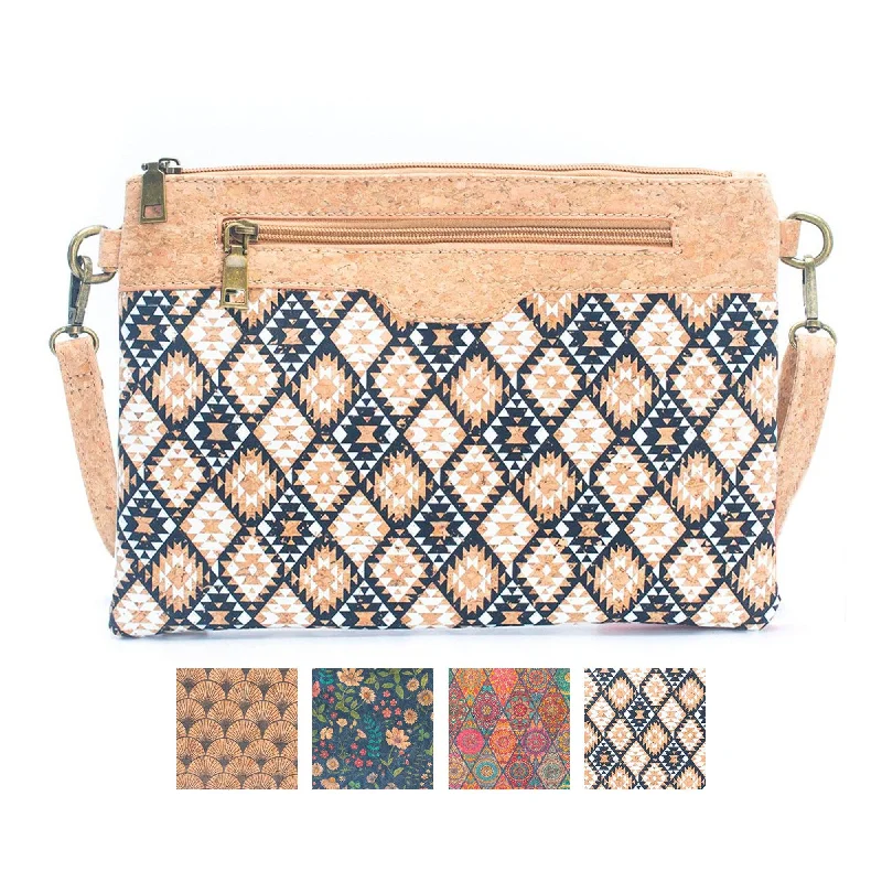 Compact vegan crossbody bags for cruelty-free fashion fans -Natural Cork with Printed Design - Women's Crossbody and Clutch BAG-2248