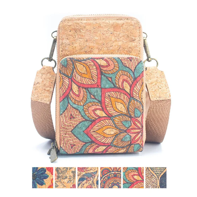 Soft velvet crossbody bags offering cozy winter elegance -Natural Cork Women's Crossbody Phone Bag with Triple Zipper BAG-2241