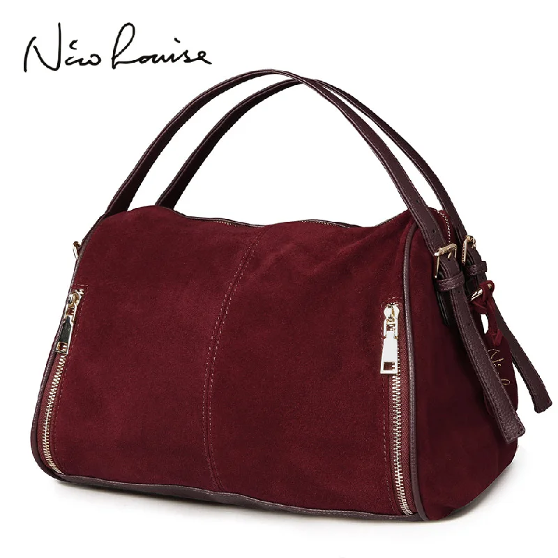 Chic chain crossbody bags elevating simple outfits instantly -Nico Louise Women Real Split Suede Leather Boston Bag