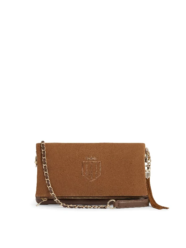 Vintage suede crossbody bags with bohemian fringe details -Finsbury Clutch - Tan