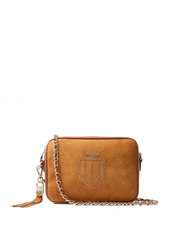 Vintage suede crossbody bags with bohemian fringe details -Finsbury - Tan